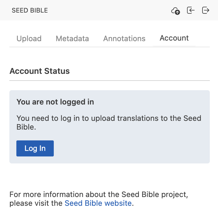 Seed Bible panel Account tab with the Log In button